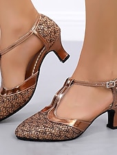 economico Scarpe da ballo di sala e danza moderna-Scarpe da ballo latino da donna con cinturino a T e glitter dorati, scarpe con tacco basso per balli da sala, salsa e tango.