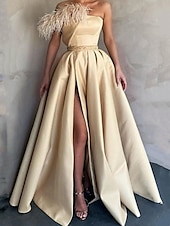 abordables NOIR-Robe de soirée A-Line noire robe à fente élevée robe formelle longueur de sol sans manches épaule unique satin avec fente en plumes 2025