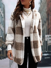 economico Giacche in finta pelle-Per donna Giacca in pile Cappotto teddy Giacca con cappuccio Tenere al caldo Traspirante Tasche In pile Informale Stile di strada Righe e Plaid Da mare San Valentino Strada Da tutti i giorni