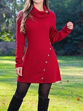 ieftine Rochii tricotate-rochie de lucru dama rochie de revelion rochie casual rochie de linie rochie de iarna rochie de zi cu zi mini rochie rever cu nasturi maneca lunga simplu subtire negru rosu toamna