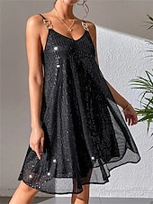 preiswerte abendkleider-Damen schwarzes kleid Paillettenkleid abendkleider Pailletten Rüschen Spaghetti-Träger Ärmellos Minikleid winterkleider damen kleid hochzeitsgast Schwarz Winter