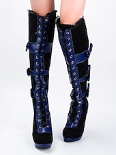  Cizme gotice peste genunchi pentru femei, cu șireturi – tocuri lolita negre din catifea cu funde din satin pentru Halloween, cosplay și petreceri de inspirație vintage