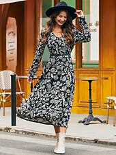 voordelige casual jurkje met print-Swing midi-jurk met bloemenprint en v-hals