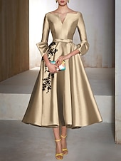 ieftine Rochii Cocktail-Rochii Cocktail A-Line Rochie Elegantă Invitată la Nuntă Lungime de Ceai Mâneci 3/4 Gât în V Satin cu Fundiță(țe) Aplicații Rochii