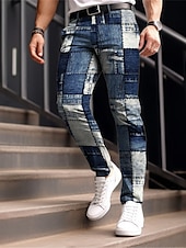cheap Slim-Color Block Plaid / Check Business Casual Men&#039;s 3D Print Dress Pants Pants Trousers Outdoor Daily Wear Streetwear Polyester Navy Blue Royal Blue Blue S M L Medium Waist Elasticity Pants