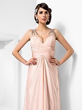 cheap Weddings &amp; Events-Sheath / Column V Neck Floor Length Satin Chiffon Dress with Beading / Criss Cross by TS Couture®