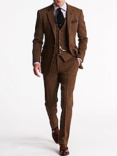 abordables Costumes formels-costumes à chevrons en tweed pour hommes 3 pièces vintage rétro grande taille couleur unie coupe ajustée simple boutonnage deux boutons marron bordeaux bleu marine foncé vert automne/hiver