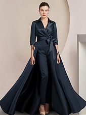 billige Mammas jumpsuits-To-delt jumpsuit/buksedress mor til bruden formell bryllupsgjest elegant skjortekrage ankel lengde sateng halv erme med sløyfe(r) gratis tilpasset størrelse