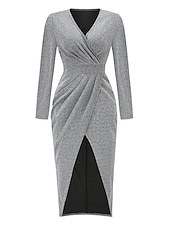 baratos Vestido Simples-Mulheres Vestido preto Vestido de festa Vestido de convidada de casamento Franzido Fenda Decote V Manga Longa Formal Roupa de inverno Prata Preto Primavera Inverno