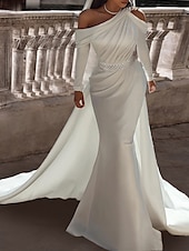 abordables robes de mariée décontractées-Robe de mariée formelle deux pièces à une épaule en satin longueur de sol avec ceinture  ruban perlé 2025