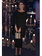 billiga Cocktailklänningar-Sheath cocktailklänningar elegant klänning bröllopsgäst semester te längd lång ärm juvelhals höst bröllopsgäst jersey rygglös med slank enfärgad derbyklänning 2025