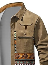 Недорогие мужская куртка-рубашка-Муж. Этно Бандана с принтом Рубашка Куртка-рубашка Длинный рукав Винтаж Туземные на открытом воздухе Для улицы На каждый день Наступила зима Отложной Пуговицы Карман С принтом Коричневый