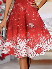 preiswerte Weihnachtskleider-Damen Polyester Winterkleid Unterkleid Schneeflockendruck Träger Midikleid Party Date Ärmellos Herbst Winter