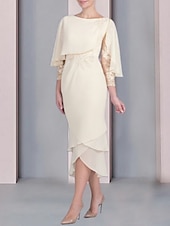economico Lunghezza del tè-Abito a tubino da spiaggia per la madre della sposa abito per invitata elegante petite scollo rotondo lunghezza tè in chiffon maniche a 3/4 con applicazioni in pizzo taglia personalizzata gratuita