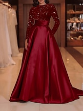 levne zelená-A-line flitrové večerní šaty elegantní šaty formální koktejlová párty vlečka dlouhý rukáv vysoký výstřih podzimní svatební host
