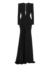 preiswerte SCHWARZ-A-Linie Abendkleid elegantes schwarzes Champagnerkleid Smokingkleid Plus-Size-Kleid formelles Sweep-/Pinselzug langes Kleid mit langen Ärmeln V-Ausschnitt dehnbares Stoff mit Falten Schlitz