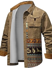 Недорогие мужская куртка-рубашка-Муж. Этно Бандана с принтом Рубашка Куртка-рубашка Длинный рукав Винтаж Туземные на открытом воздухе Для улицы На каждый день Наступила зима Отложной Пуговицы Карман С принтом Коричневый
