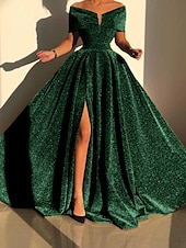 economico GIALLO-Abito da sera A-Line abito scintillante abito formale autunno strascico senza maniche off shoulder paillettes con spacco abito da mascherata 2025