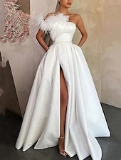 abordables NOIR-Robe de soirée A-Line noire robe à fente élevée robe formelle longueur de sol sans manches épaule unique satin avec fente en plumes 2025