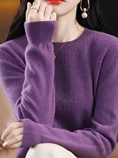 billiga Solida färger-Dam Pullover tröja Mode Streetwear Ledigt Ensfärgat Ribbad Rund hals Stickat Långärmad Vanliga toppar Sticka Utomhus Hem Dagligen Körsbärsröd Räkor Rosa Höst Vinter