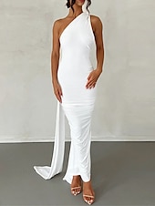 abordables robe noire midi-Femme robe blanche robe noire Robe de bal Ruché Dos Nu Une Epaule Sans Manches robe demoiselle d honneur Occasion spéciale Noir Blanche Printemps Hiver