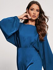 billiga Blommiga klänningar-kvinnors gästklänning för bröllop koboltblå elegant cocaktail midiklänning satin dolman långärmad främre slits båthals