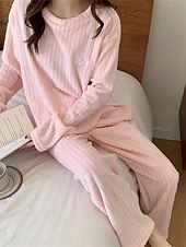 お買い得  レディース パジャマ-レディース パジャマ セット レター プラッシュ カジュアル 快適 ホームベッド コーラル フリース コーラル ベルベット 暖かい 通気性 クルーネック 長袖 プルオーバー パンツ 刺繍 秋冬 ホーム アウトフィット