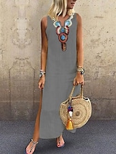 cheap Dresses-Women&#039;s White Yellow Wine Summer Spring Fall Maxi Dress White Dress Cotton Linen Dresses Cotton Summer Dress Hot Casual Boho Vacation Holiday Beach Regular Fit Geometric V Neck
