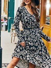 voordelige casual jurkje met print-Swing midi-jurk met bloemenprint en v-hals