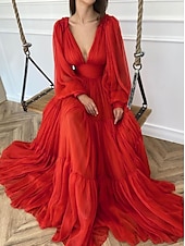 billige appelsin-A-Linje Kveldsdrakt Elegant Kjole Formell Bryllup Gjest Gulvlengde Lang Erme V Hals Chiffon med Rynker 2025