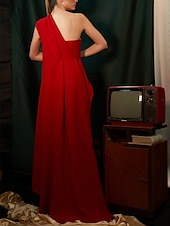 baratos VERMELHO-Vestido de Gala na Praia Tipo Tubo Elegante Vestido Formal Comprimento da Barragem Sem Mangas Um Ombro Chiffon Stretch com Pregas Franzido Fantasia 2025