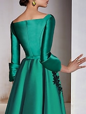 ieftine Rochii Cocktail-Rochii Cocktail A-Line Rochie Elegantă Invitată la Nuntă Lungime de Ceai Mâneci 3/4 Gât în V Satin cu Fundiță(țe) Aplicații Rochii