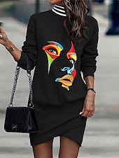 billiga Sweatshirt &amp; hoodie klänningar-kvinnors svart klänning arbetsklänning fritidsklänning fodral klänning mode vinterklänning daglig mini klänning tryck stativ långärmad leopard blommig lös passform svart vit gul höst vinter xxl