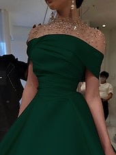 preiswerte Sekt-A-Linie Abendkleid Elegantes Kleid Formal Bodentiefe Kurzarm Illusion Ausschnitt Satin mit Raffung Perlen