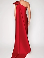 preiswerte ROT-Sheath Abendkleid Elegantes Kleid Formaler Sweep  Brush Train Ärmellos Ein-Schulter Satin mit Schulterblume