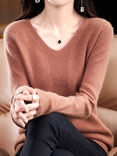 billiga Solida färger-Dam Pullover tröja Mode Ledigt Mjukt Ensfärgat Ribbad V-hals Stickat Långärmad Vanliga toppar Sticka Utomhus Dagligen Utekväll Skogsgrön Körsbärsröd Höst Vinter