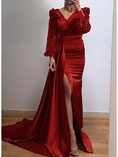 abordables Rose-Robe de soirée Sirène Robe Sequins Formelle Traîne cour Manches longues Col en V Invitée de mariage d&#039;automne Charmeuse avec fente Robe de masque 2025