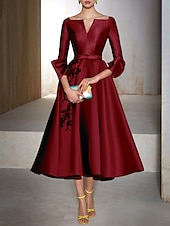 ieftine Rochii Cocktail-Rochii Cocktail A-Line Rochie Elegantă Invitată la Nuntă Lungime de Ceai Mâneci 3/4 Gât în V Satin cu Fundiță(țe) Aplicații Rochii