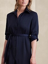 economico vestito casual-Abito camicia midi casual con bottoni in raso e allacciatura