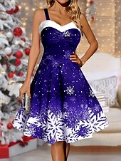 preiswerte Weihnachtskleider-Damen Polyester Winterkleid Unterkleid Schneeflockendruck Träger Midikleid Party Date Ärmellos Herbst Winter
