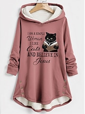 economico Felpe con cappuccio e felpe-felpa con cappuccio da donna pullover sherpa pile foderato gatto lettera casual sport bottoni stampa tasca frontale caldo e soffice felpa con cappuccio manica lunga micro-elastico autunno&amp;amp;tessuto
