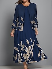 billiga Blommig klänning-Kvinnors Plus Size Midi Klänning Klänning Set Avslappnad Klänning Sväng Klänning Tryck Klänning Mode Gatu mode Blommig Tryck Lång Ärmar Rund Hals Utomhus Semester Bourgogne Mörkblå Blå Höst Vinter