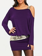 preiswerte Paillettenkleider-Damen schwarzes kleid Paillettenkleid abendkleider Pailletten Rüschen Schulterfrei Langarm Farbblock Minikleid Cocktailparty Urlaub Schwarz Wein Winter