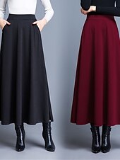 preiswerte Schlichte Röcke-Damenrock A-Linie Swing Midi Hohe Taille Röcke Tasche einfarbig Street Alltag Winter Elegant Mode Wein Schwarz Rot