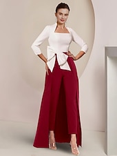 cheap Mom&#039;s Jumpsuits-Jumpsuit / Pantsuit Mother of the Bride  Formal Wedding Guest Elegant Party Square Neck Ankle Length Stretch Fabric 3/4 Length Sleeve with Bow(s) Color Block free custom size