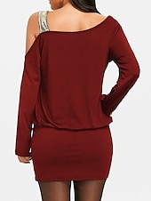 preiswerte Paillettenkleider-Damen schwarzes kleid Paillettenkleid abendkleider Pailletten Rüschen Schulterfrei Langarm Farbblock Minikleid Cocktailparty Urlaub Schwarz Wein Winter