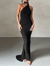 abordables robe noire midi-Femme robe blanche robe noire Robe de bal Ruché Dos Nu Une Epaule Sans Manches robe demoiselle d honneur Occasion spéciale Noir Blanche Printemps Hiver