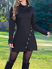 ieftine Rochii tricotate-rochie de lucru dama rochie de revelion rochie casual rochie de linie rochie de iarna rochie de zi cu zi mini rochie rever cu nasturi maneca lunga simplu subtire negru rosu toamna