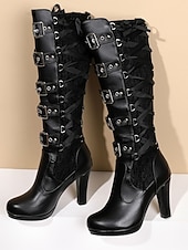  Cizme gotice peste genunchi pentru femei, cu șireturi – tocuri lolita negre din catifea cu funde din satin pentru Halloween, cosplay și petreceri de inspirație vintage