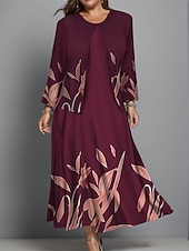 billiga Blommig klänning-Kvinnors Plus Size Midi Klänning Klänning Set Avslappnad Klänning Sväng Klänning Tryck Klänning Mode Gatu mode Blommig Tryck Lång Ärmar Rund Hals Utomhus Semester Bourgogne Mörkblå Blå Höst Vinter
